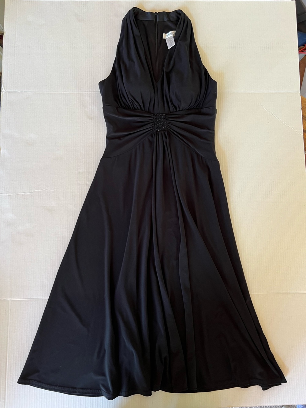 Coldwater Creek Mid-Length Black Evening Dress with Embellished Waist and V-Neck